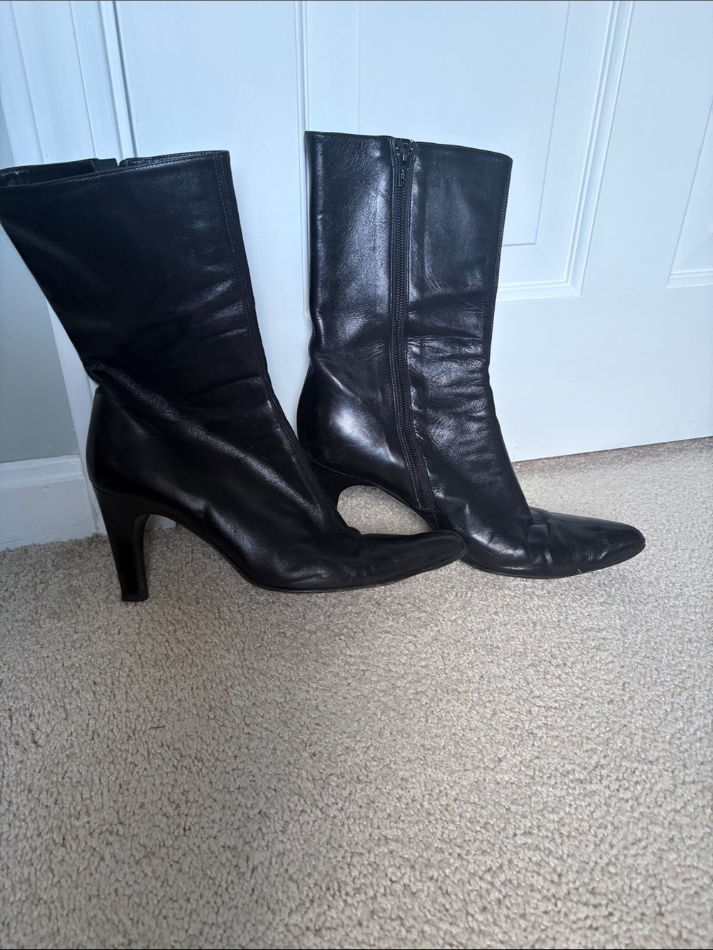 Via Spiga Black Leather Mid-Calf Heeled Boots